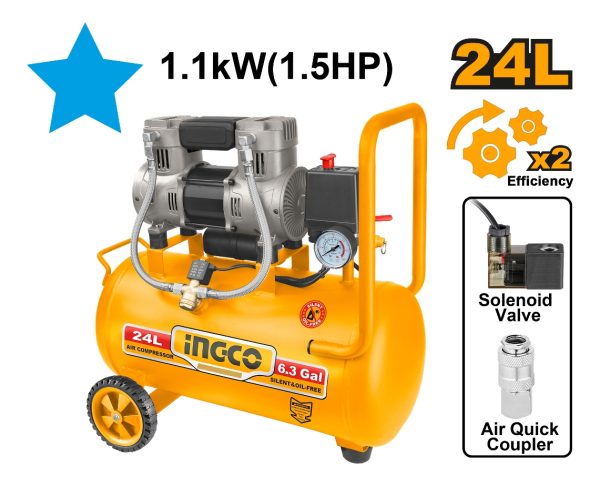 Compresor 24lt 1.5hp Libre De Aceite Bajo Ruido Ingco