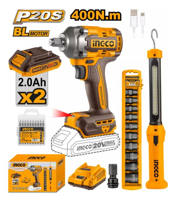 Llave De Impacto 400nm 20v + Linterna + Dados Ingco Cosli230