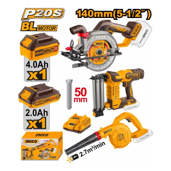 Kit Sierra Circular + Clavadora + Sopladora 20v Ingco Cosli - Imagen 2