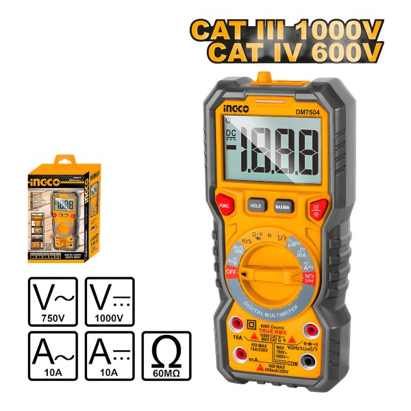 Tester Multimetro Digital Catiii 1000v 600v Ingco Dm7504 - Imagen 2