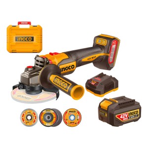 Amoladora Angular 42v Accesorios 2 Baterias Cargador Ingco Amarillo