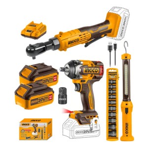 Combo Ingco Llave Impacto + Crique + Linterna + Accesorios Color Naranja Oscuro