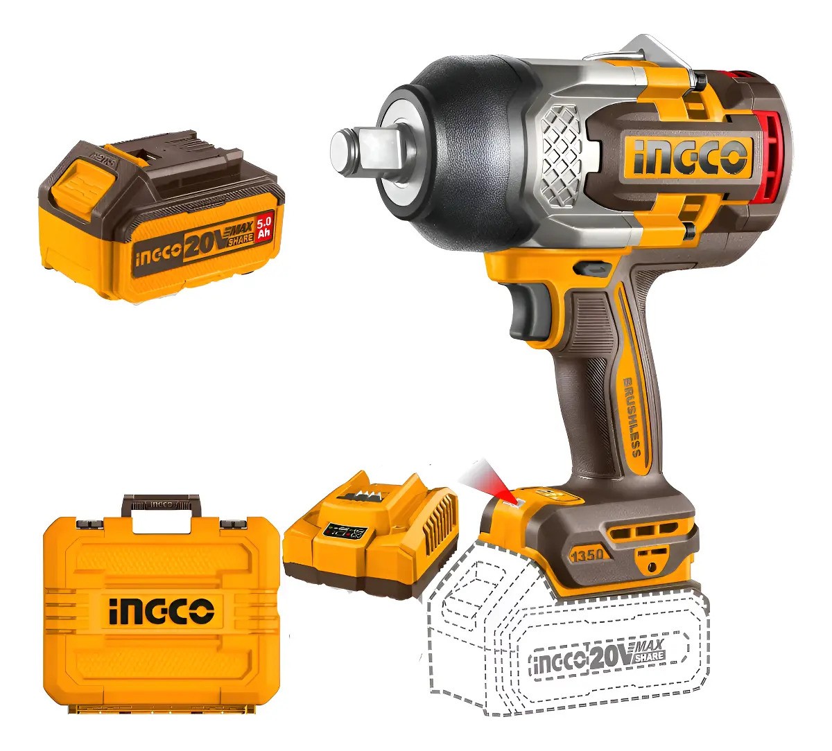 Llave De Impacto A Batería 3/4 1350nm C/2 Baterias Ciwli20135- Ingco Industrial Amarillo 50 Hz/ 60 Hz
