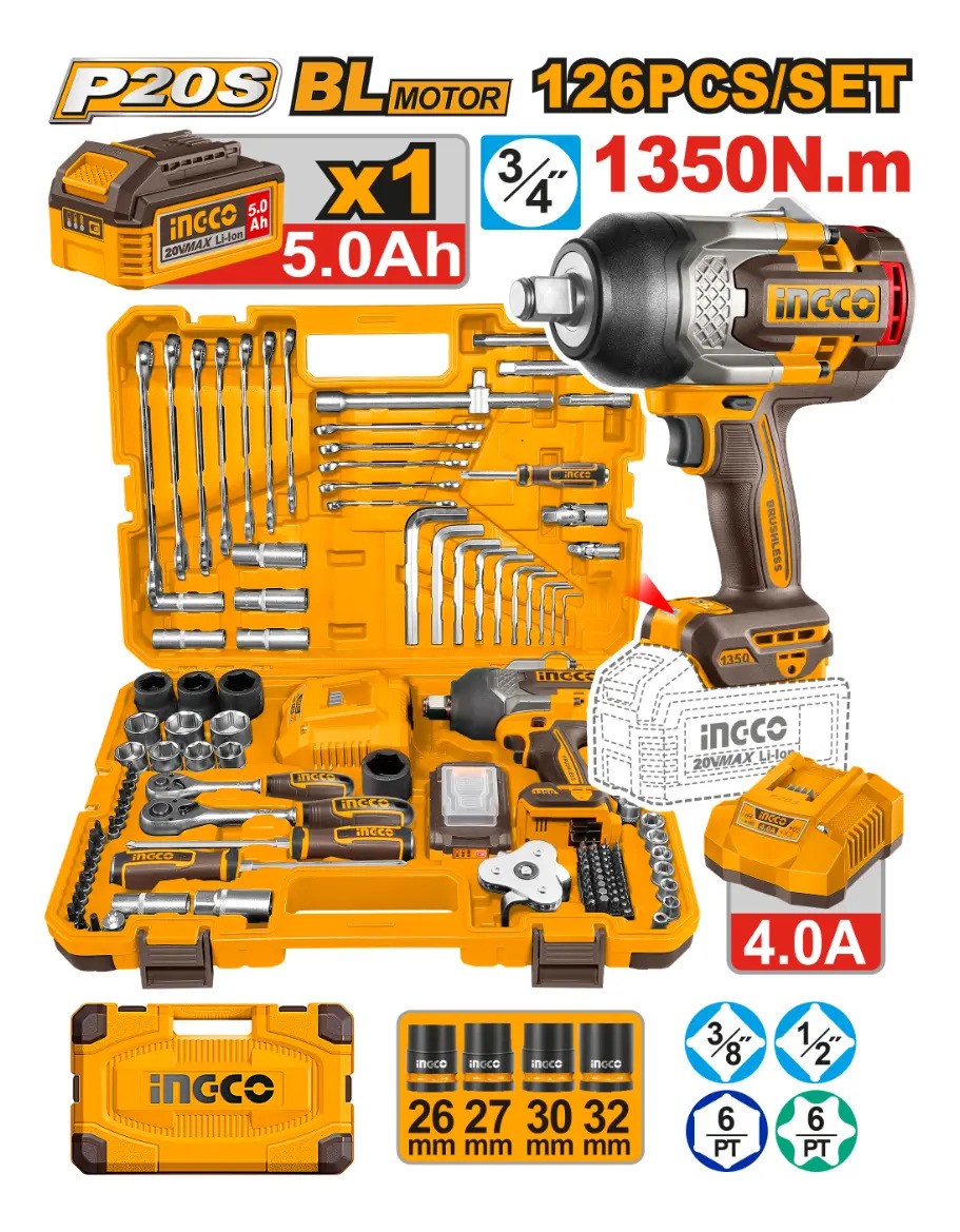 Set Llave De Impacto 1350nm + Accesorio Ingco Hkthp31261 Amarillo 50 - Imagen 2