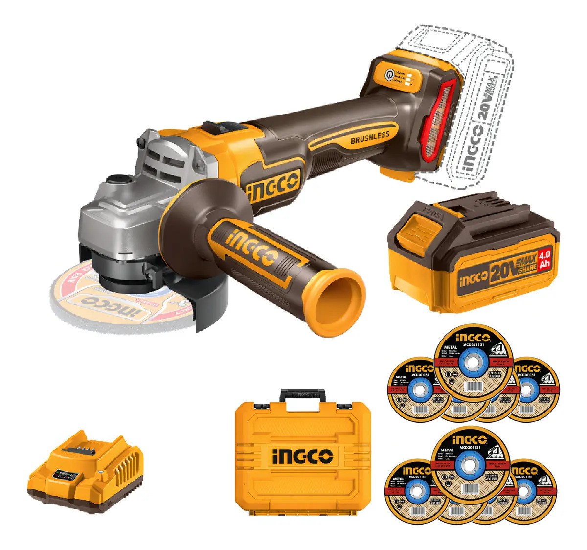 Set Amoladora Ingco 9000rpm Batería Cargador 10 Discos Amarillo 50hz - Imagen 4