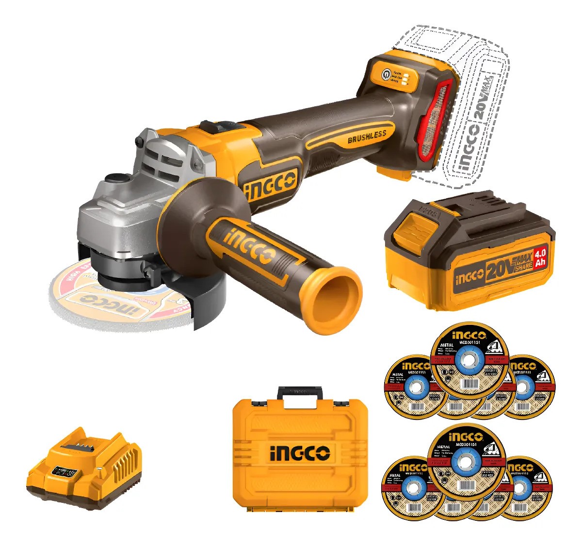 Set Amoladora Ingco 9000rpm Batería Cargador 10 Discos Amarillo 50hz - Imagen 3