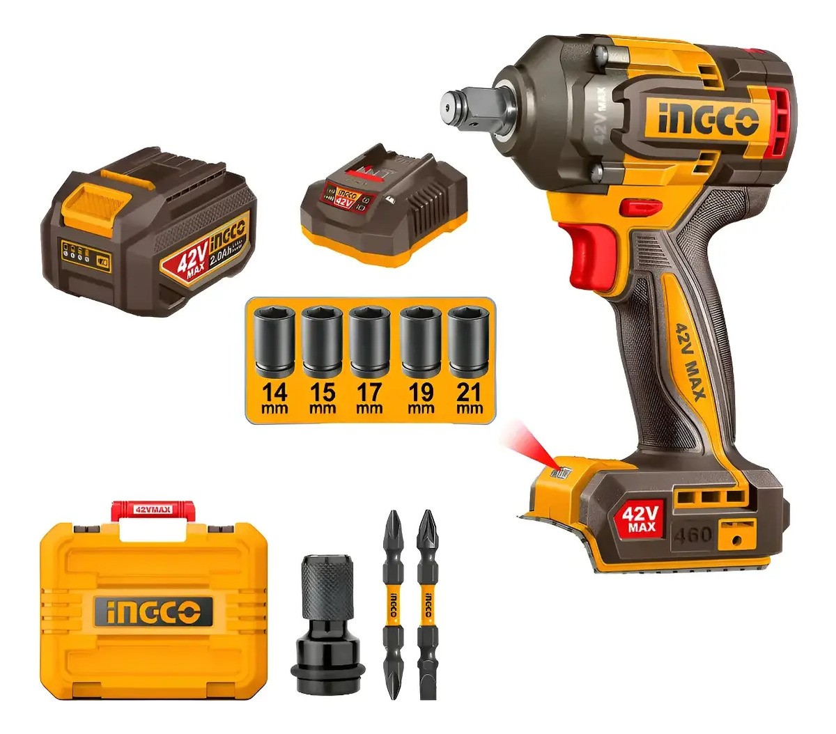 Llave De Impacto Ingco 42v 1/2 Recargable Kit + Accesorios Amarillo - Imagen 2