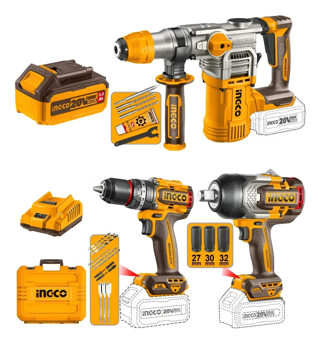 Kit Rotomartillo+taladro Atorn+llave Impacto 3/4 Ingco