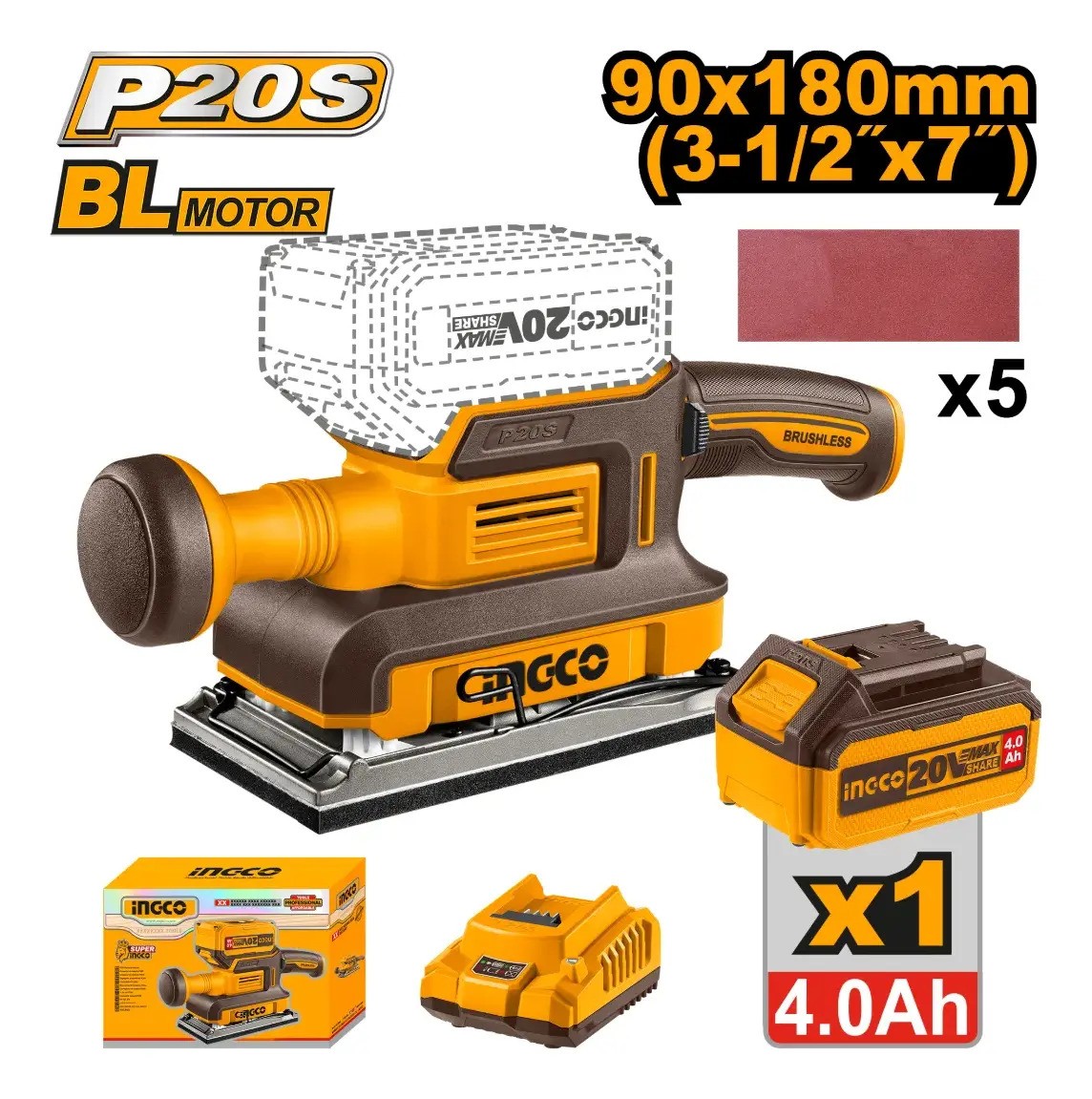 Lijadora Orbital Brushless C/batcar 5 Lijas Ingco Cfsli20311 Amarillo - Imagen 2