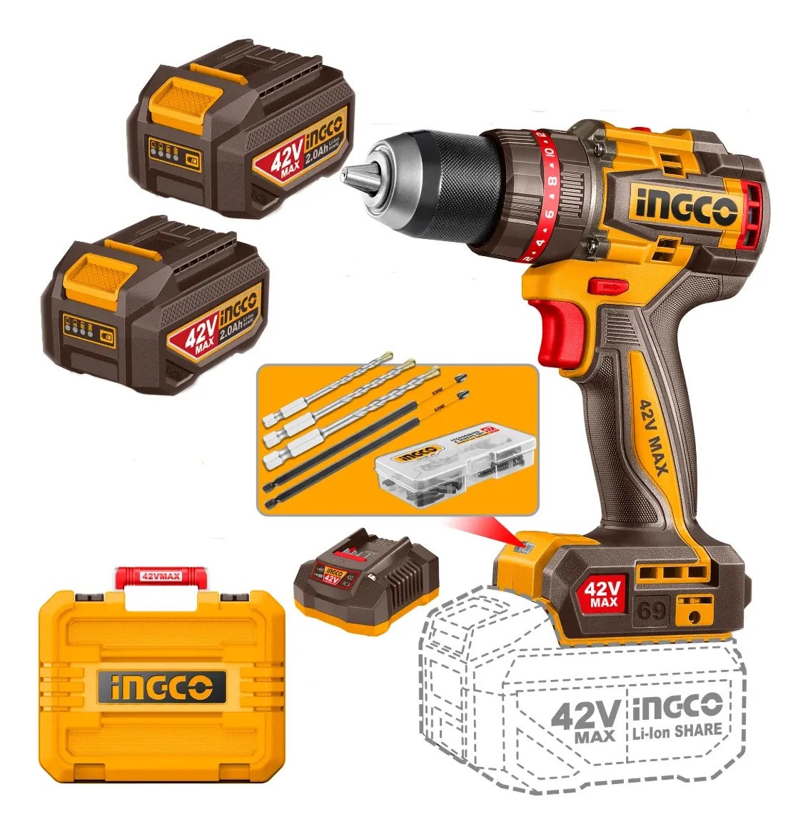 Ingco Taladro Atornillador 42v 69nm Con Valija Naranja Claro 50