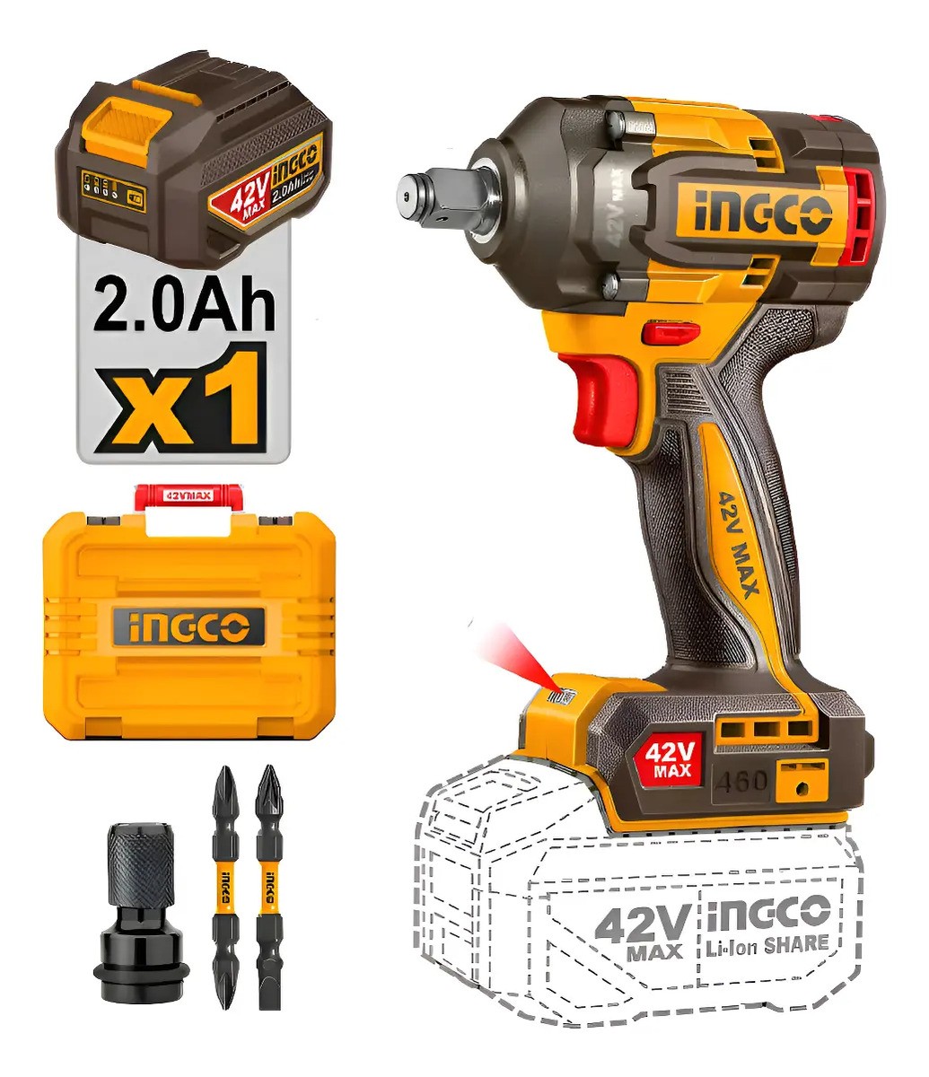 Llave De Impacto Ingco 42v 1/2 Recargable Kit + Accesorios Amarillo