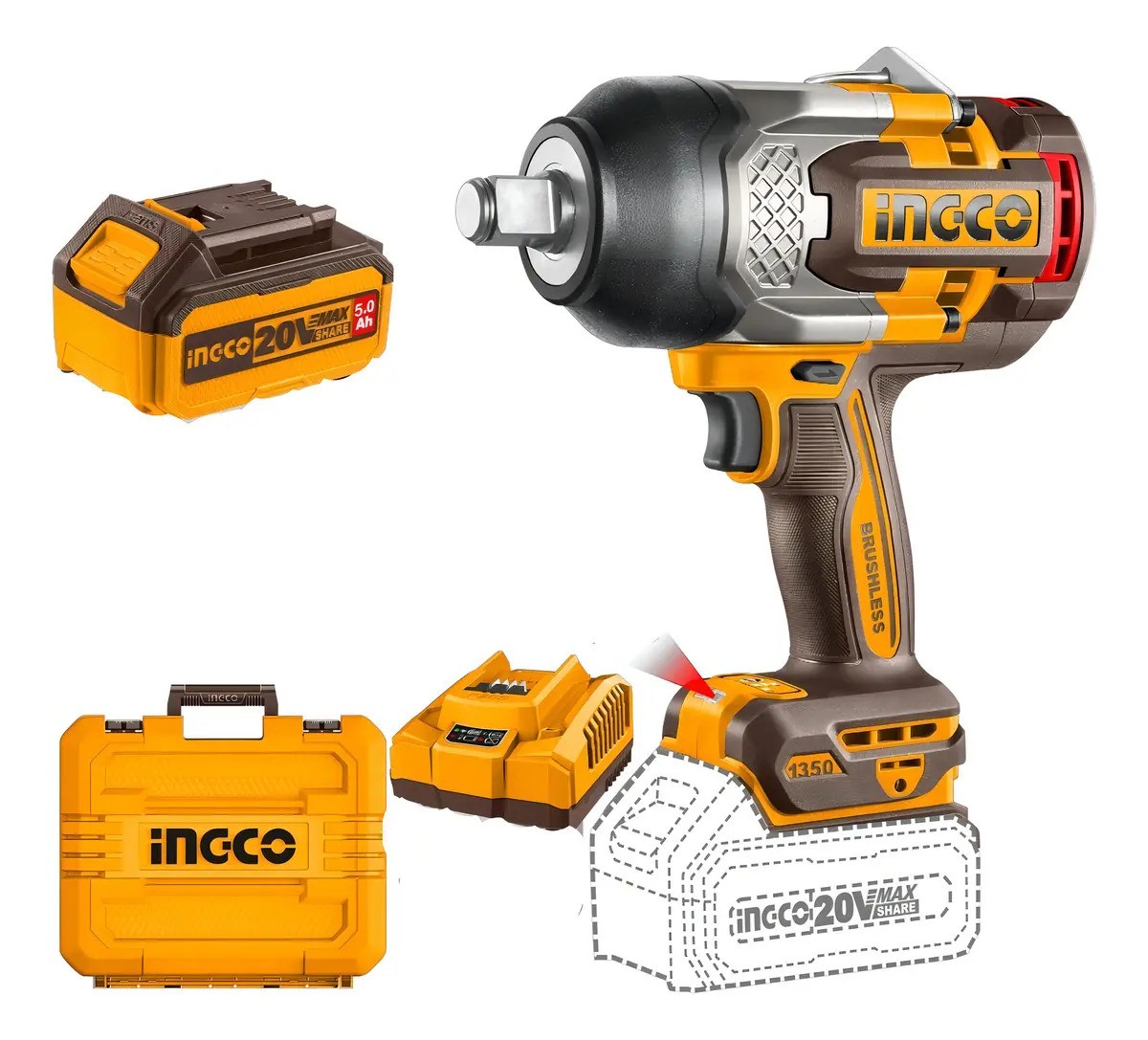 Llave De Impacto A Batería 3/4 1350nm C/2 Baterias Ciwli20135- Ingco Industrial Amarillo 50 Hz/ 60 Hz - Imagen 6