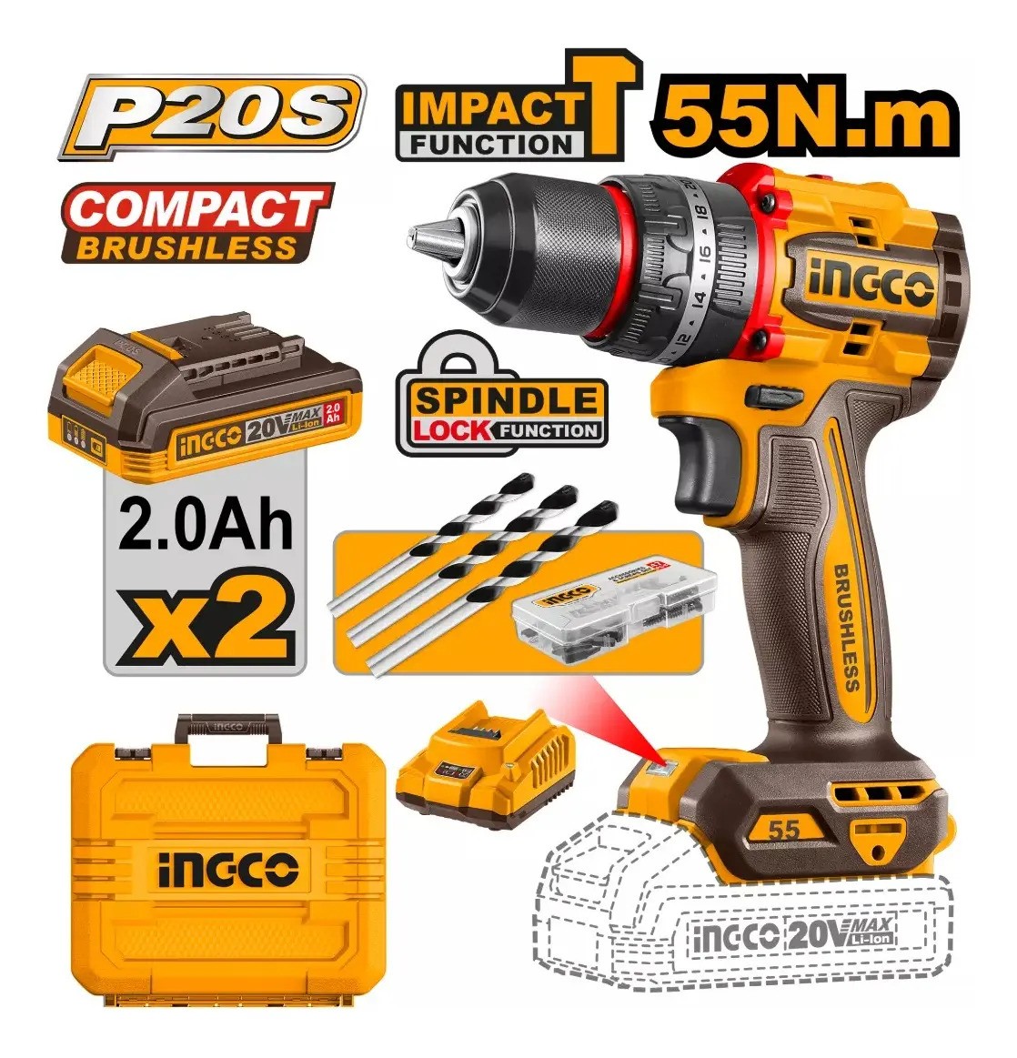Atornillador Percutor Compact P20s Ingco Cidli20558 Color Na Naranja Oscuro - Imagen 2
