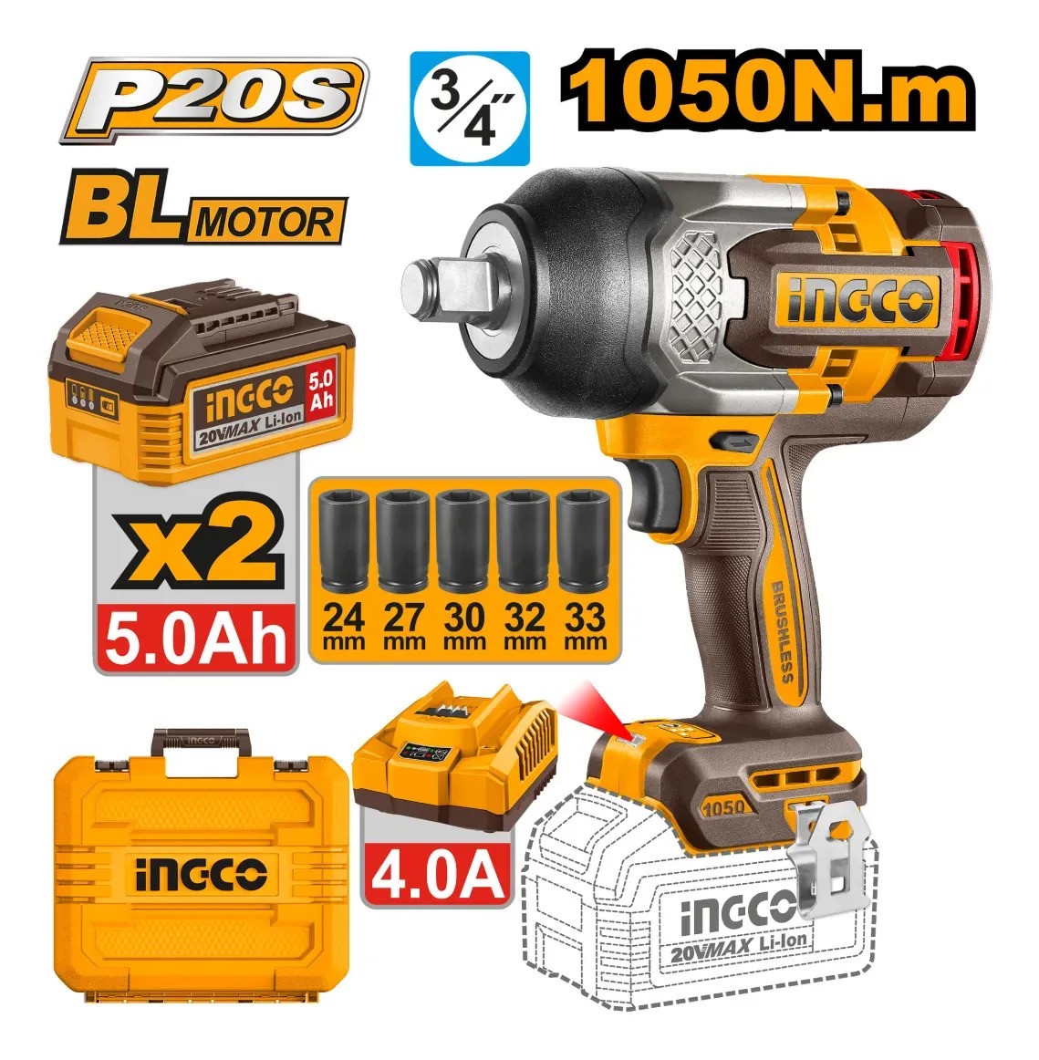 Llave De Impacto Bateria 20v 3/4 5ah Valija Ingco Ciwli20105 Amarillo 50 - Imagen 2