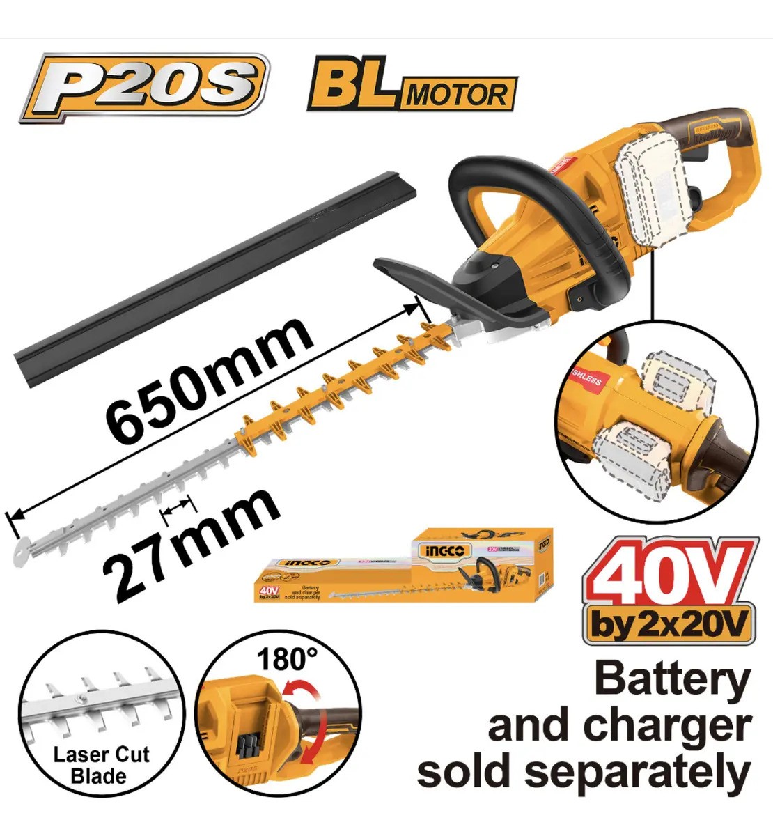 Corta Cerco 650mm 40v P20s Ingco Brushless Chtli40028 Color Amarillo - Imagen 5