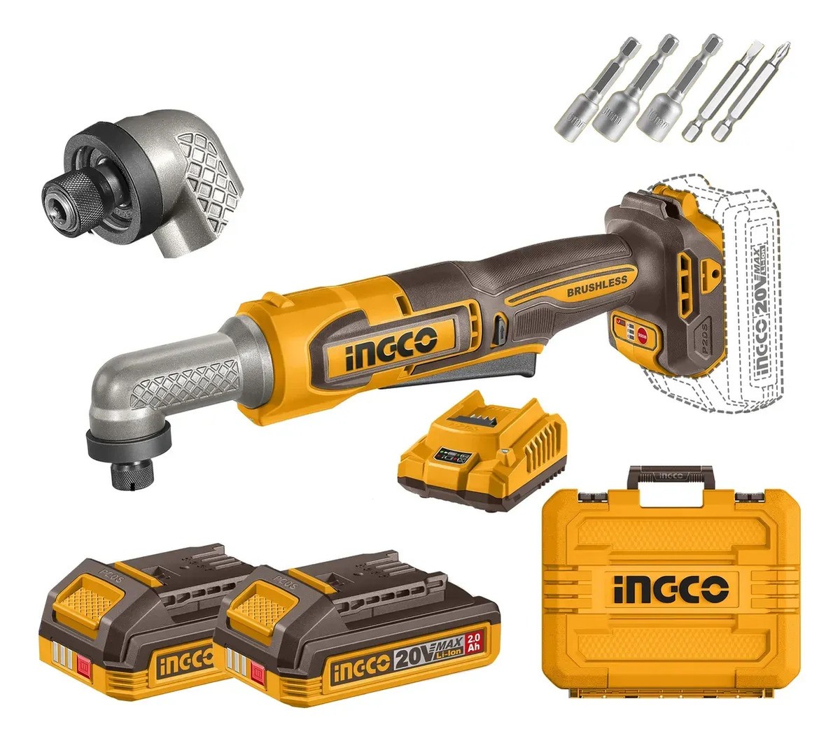 Ingco Cairli208 Atornillador Angular 20v 80nm Con Valija Naranja Claro Cairli208