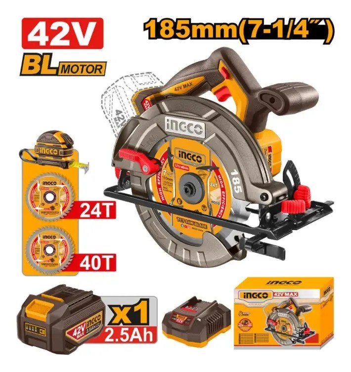 Sierra Circular A Batería 185mm 42v Motor Brushless + Baterí Naranja Amarillo - Imagen 2