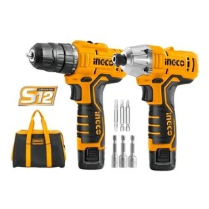 Kit Atornillador Y Taladro De Impacto Ingco Con 2 Baterías Y Cargador Naranja
