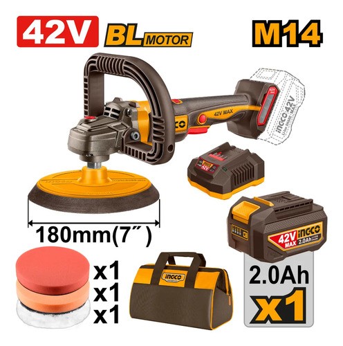 Lustra Pulidora 42v 180mm Accesorios Bateria Cargador Ingco Amarillo - Imagen 2